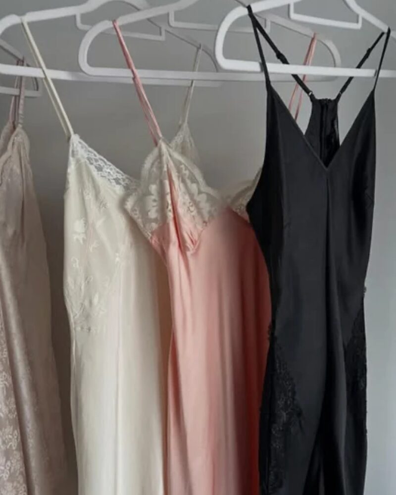Blush nylon slip with ivory lace, hanging with two other slips
